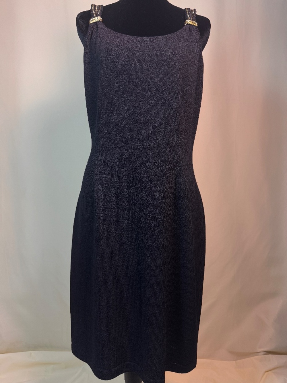 St. John by Marie Gray Santana Knit Black Dress Size 12 Gold Hardware Detail